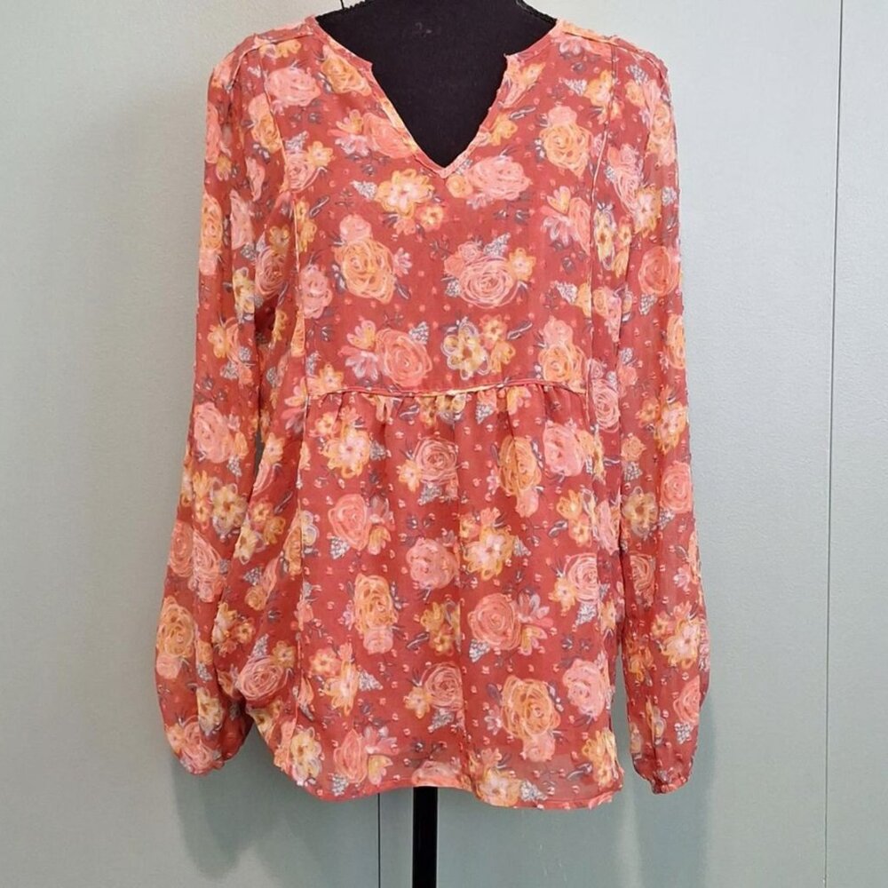 ladies size L Matilda Jane floral long sleeve v-neck fully lined blouse top